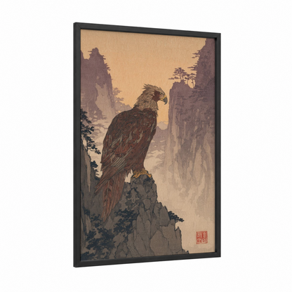 Mountain Guardian Griffin framed art print — black wood frame — beige and brown palette