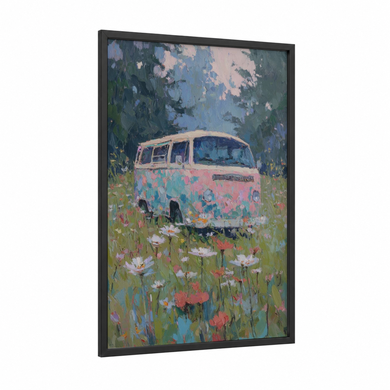 Flower Field Van framed art print — black wood frame — pink and blue and green palette