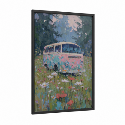 Flower Field Van framed art print — black wood frame — pink and blue and green palette