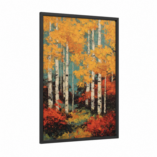 Autumn Aspen Forest framed art print — black wood frame — yellow gold and orange palette
