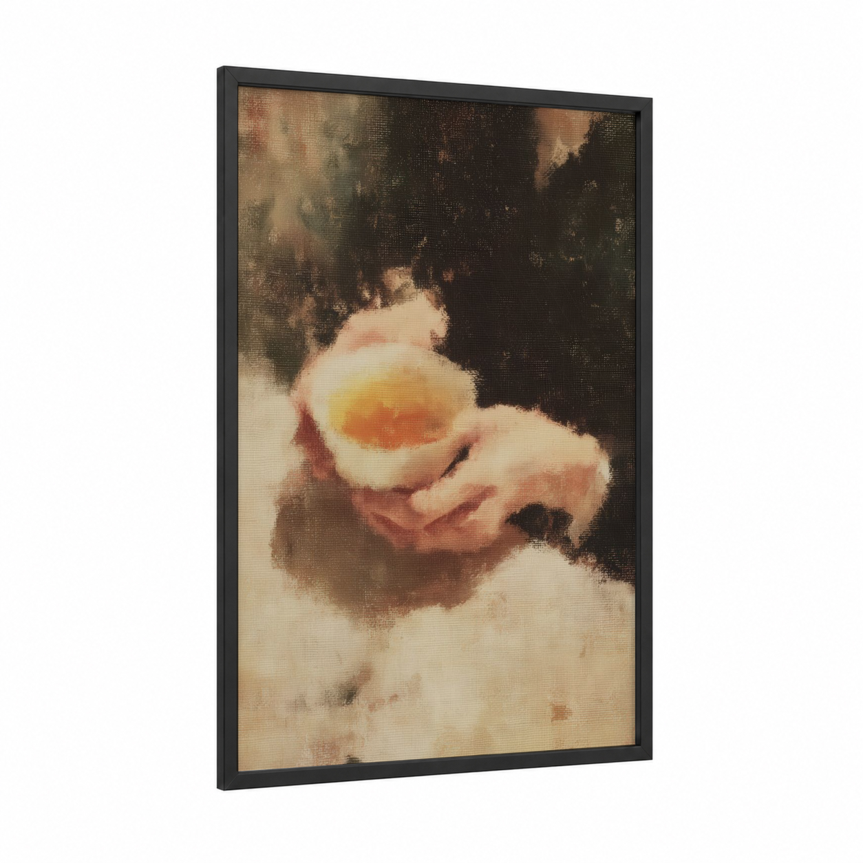 Warm Tea Moment framed art print — black wood frame — gold and brown palette