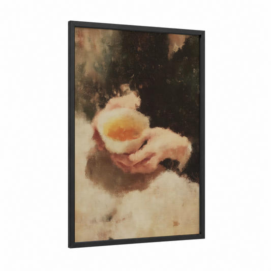 Warm Tea Moment framed art print — black wood frame — gold and brown palette