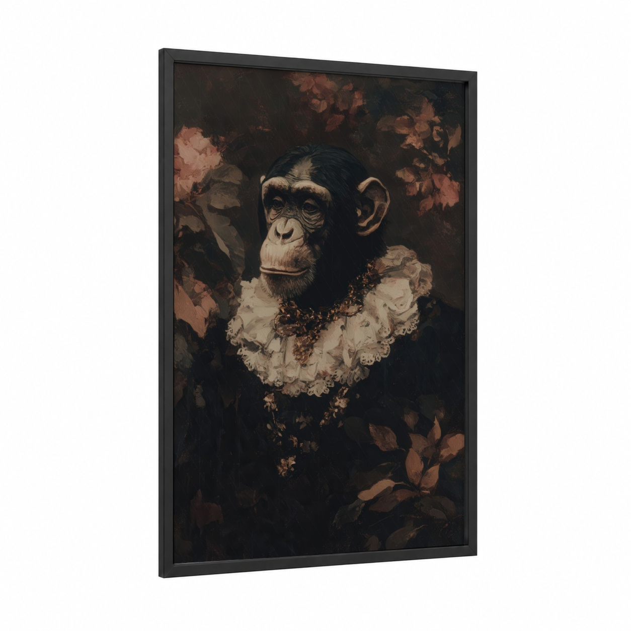 Aristocrat Chimpanzee framed art print — black wood frame — russet and black palette