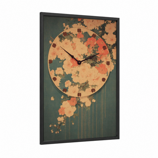 Vintage Floral Clock framed art print — black wood frame — peach and teal palette