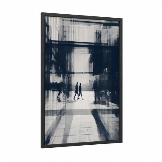 Urban Passage framed abstract architecture print — black wood frame — black and white and gray palette