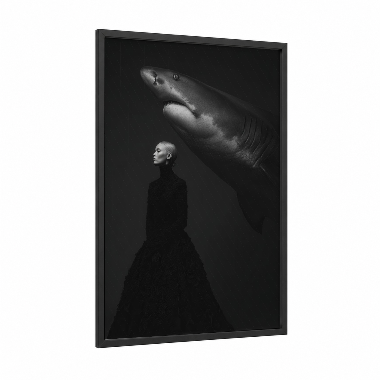 Contemplative Shark framed bull shark print — black wood frame — black and black and white palette