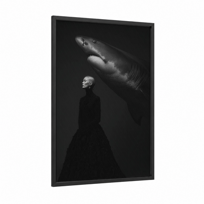 Contemplative Shark framed bull shark print — black wood frame — black and black and white palette
