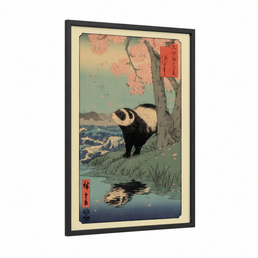 Riverside Ferret framed art print — black wood frame — sage green and peach palette