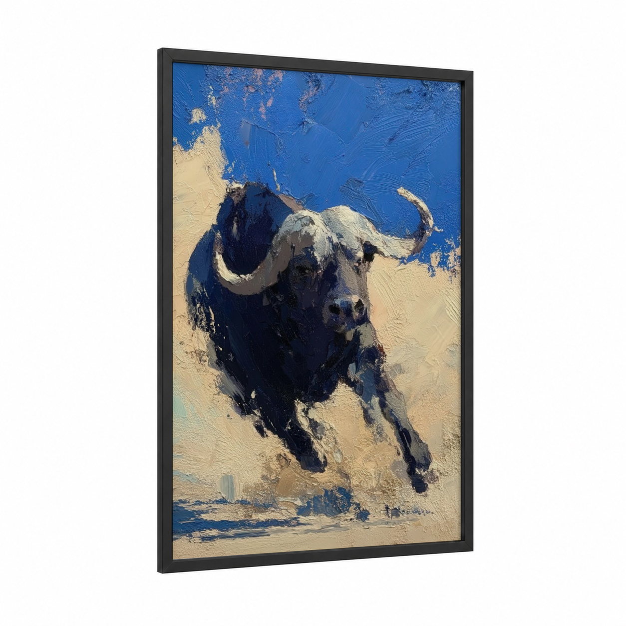 Charging Bison framed art print — black wood frame — blue and gold palette