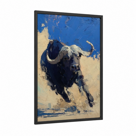 Charging Bison framed art print — black wood frame — blue and gold palette