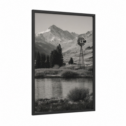 Mountain Windmill framed windmills print — black wood frame — black and white and gray palette
