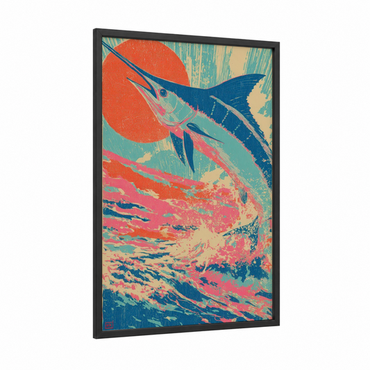 Crimson Marlin framed blue marlin print — black wood frame — orange and teal palette
