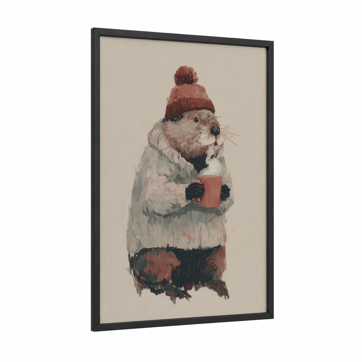 Cozy Beaver framed art print — black wood frame — cream and russet palette