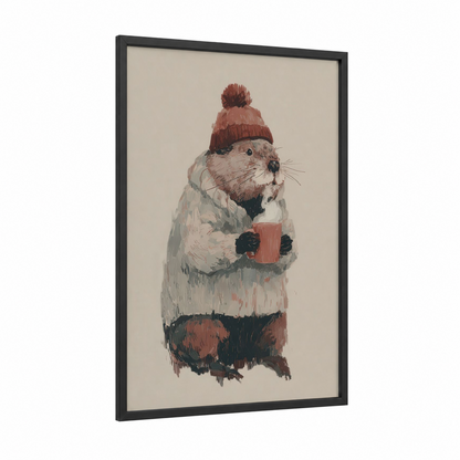 Cozy Beaver framed art print — black wood frame — cream and russet palette