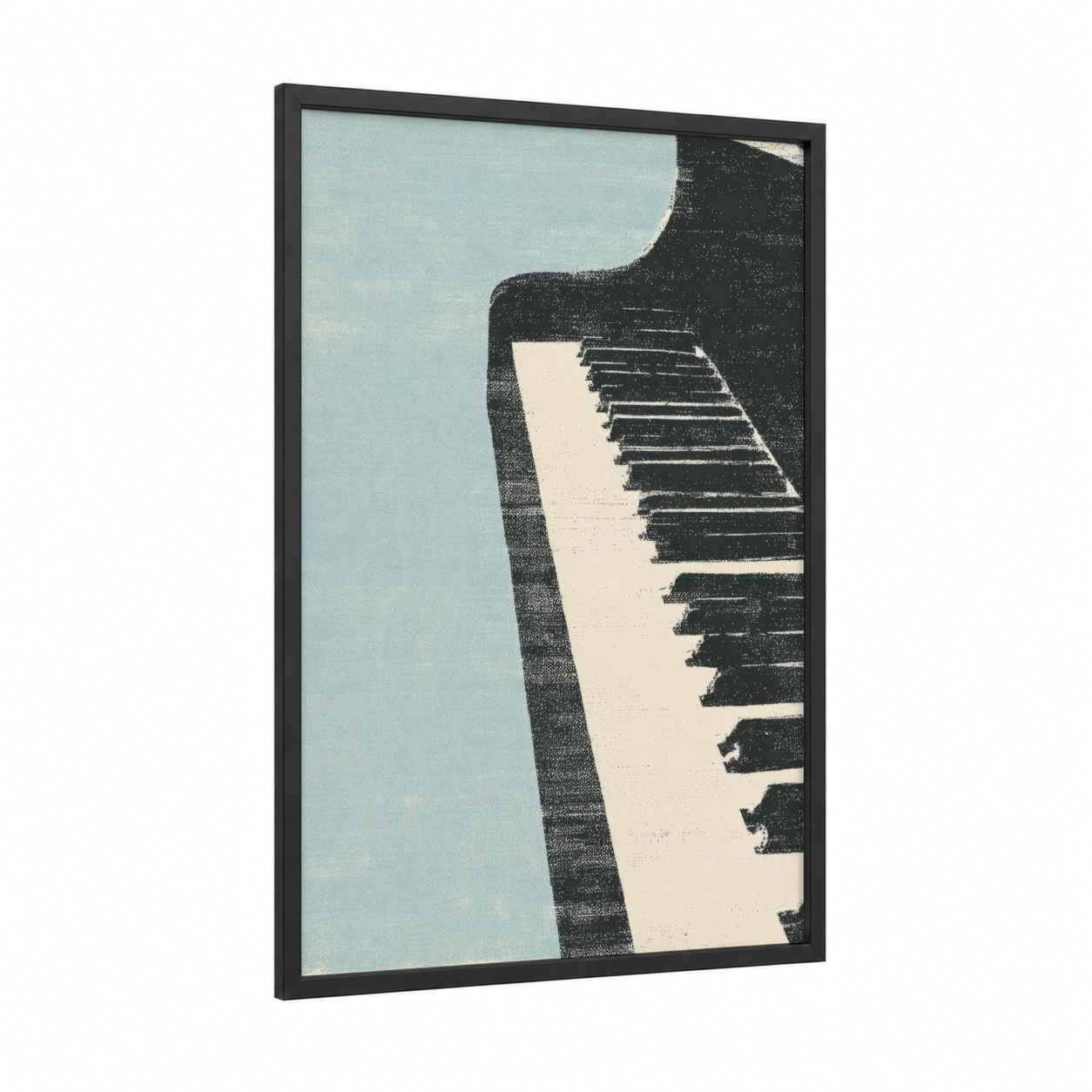 Vintage Piano Keys framed keyboard print — black wood frame — blue and white and black and white palette