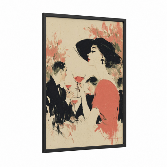 Rosé Wine Gathering framed rose wine print — black wood frame — salmon pink and cream palette