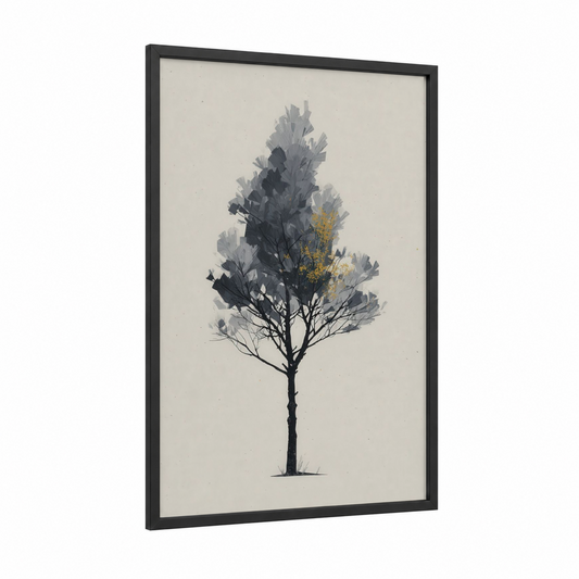 Golden Cedar Tree framed art print — black wood frame — gray and gold palette