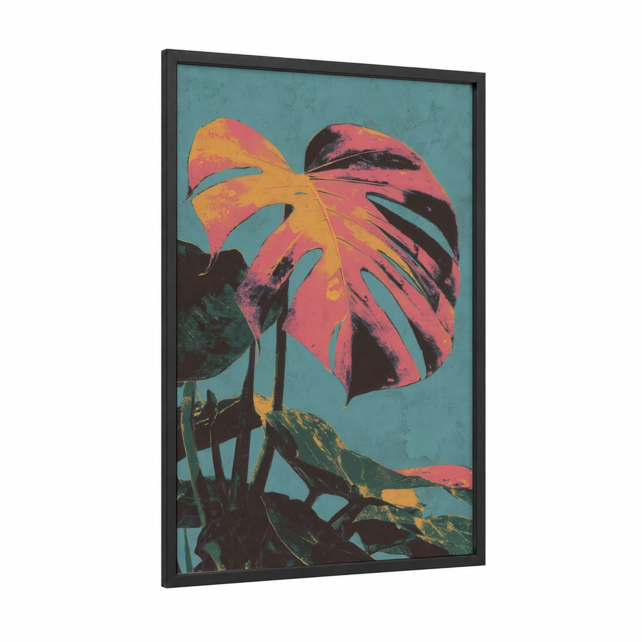 Monstera Pop framed tropical trees print — black wood frame — magenta and gold palette