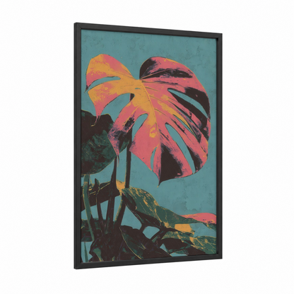 Monstera Pop framed tropical trees print — black wood frame — magenta and gold palette