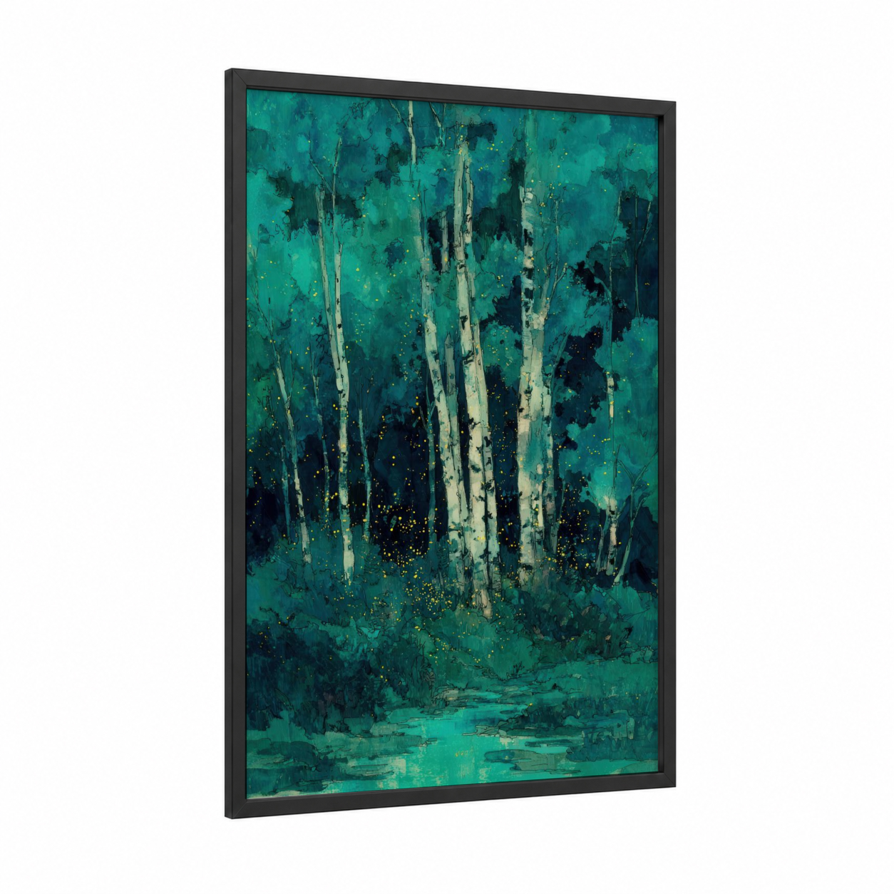 Emerald Birch Forest framed birch tree print — black wood frame — teal and gold palette