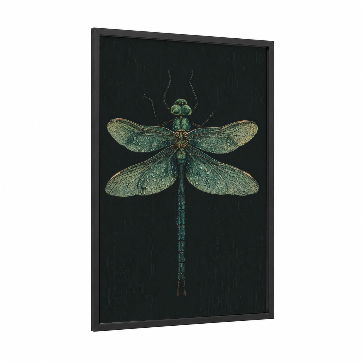Emerald Dragonfly framed art print — black wood frame — dark green and sage green palette