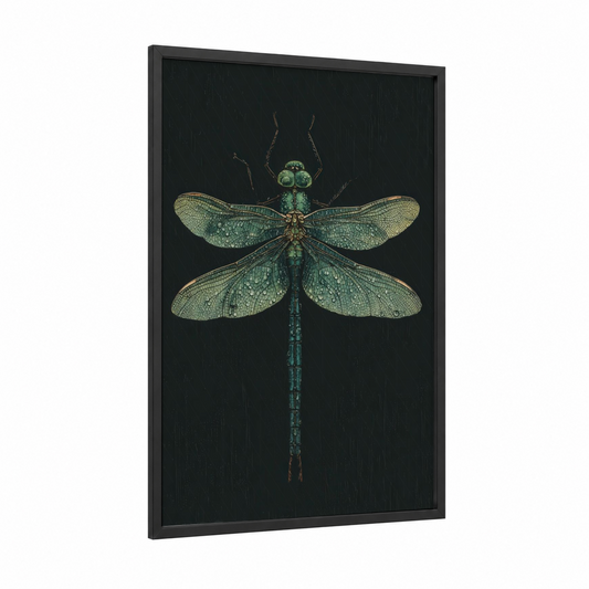 Emerald Dragonfly framed art print — black wood frame — dark green and sage green palette