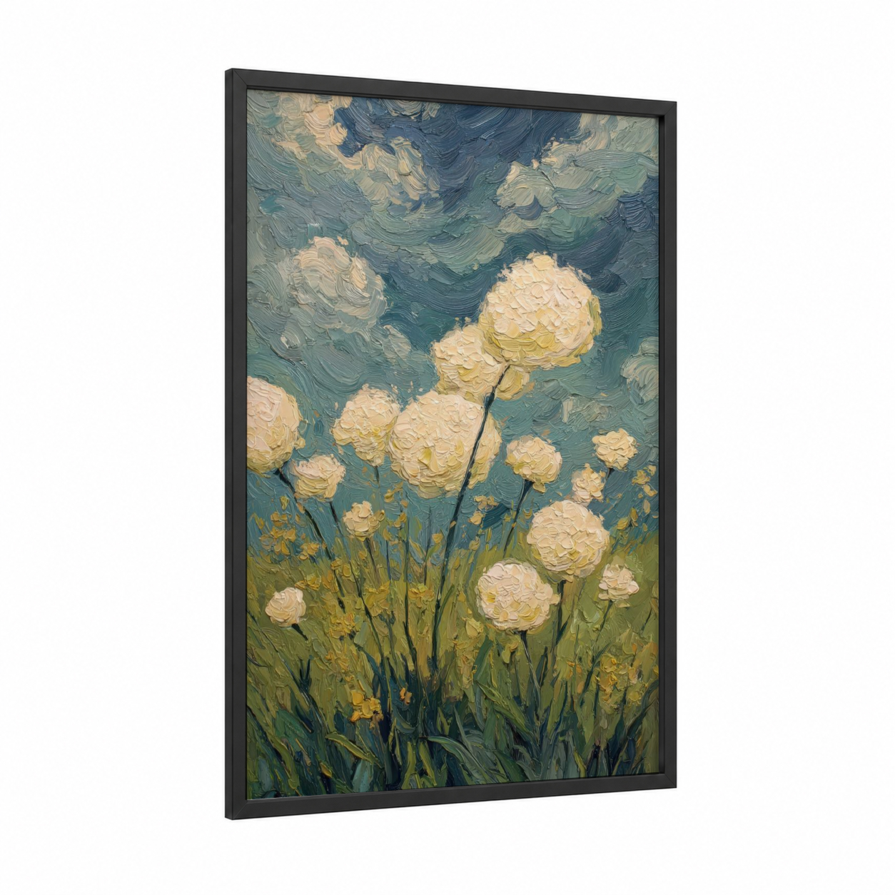 Dreamy Hydrangeas framed art print — black wood frame — teal and cream palette