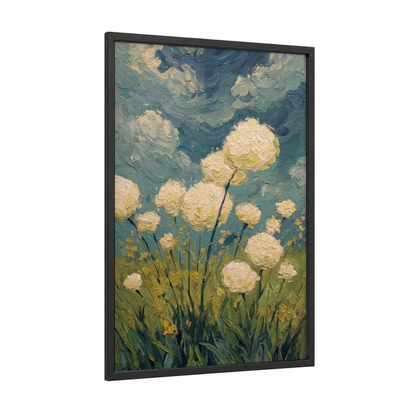 Dreamy Hydrangeas framed art print — black wood frame — teal and cream palette