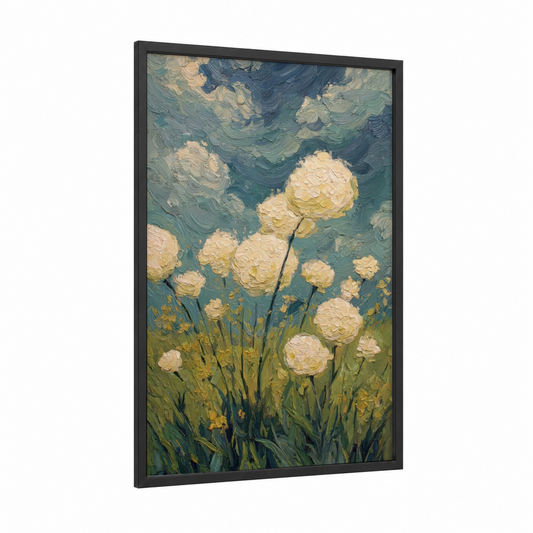 Dreamy Hydrangeas framed art print — black wood frame — teal and cream palette