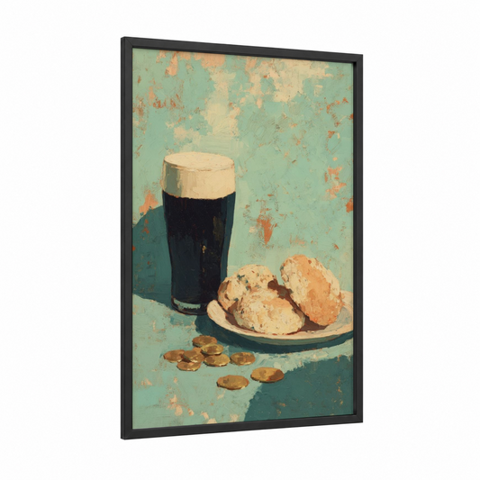 Irish Celebration Pint framed st. patrick's day print — black wood frame — teal and peach palette