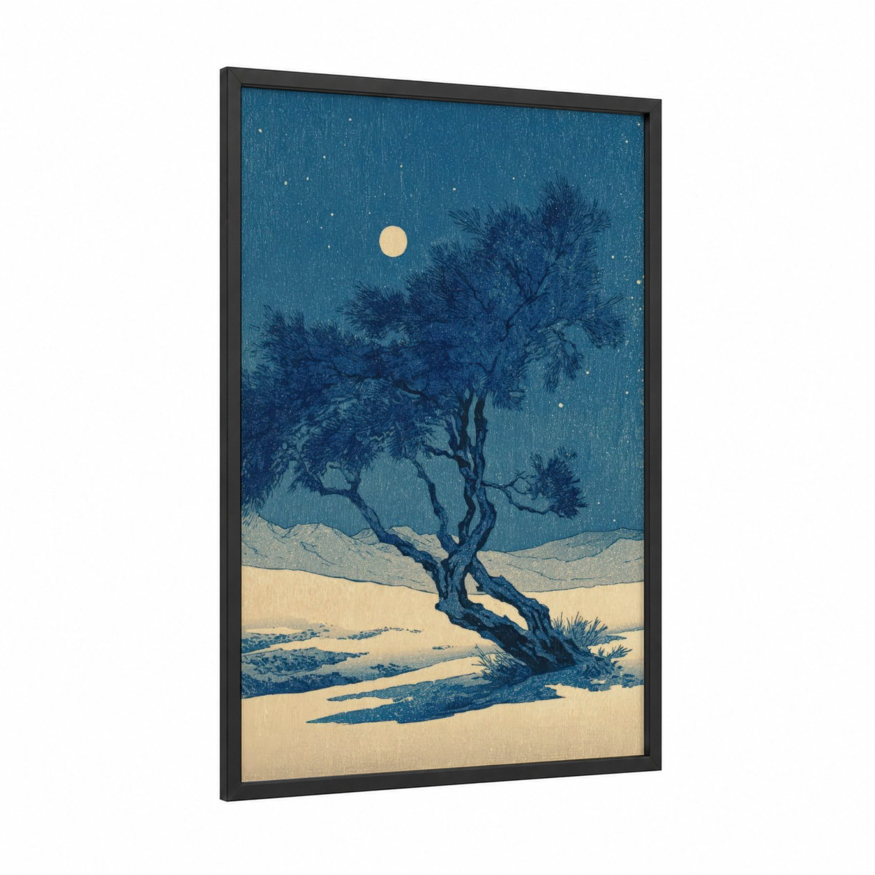 Moonlit Desert Tree framed savanna and desert trees print — black wood frame — dark blue and cream palette