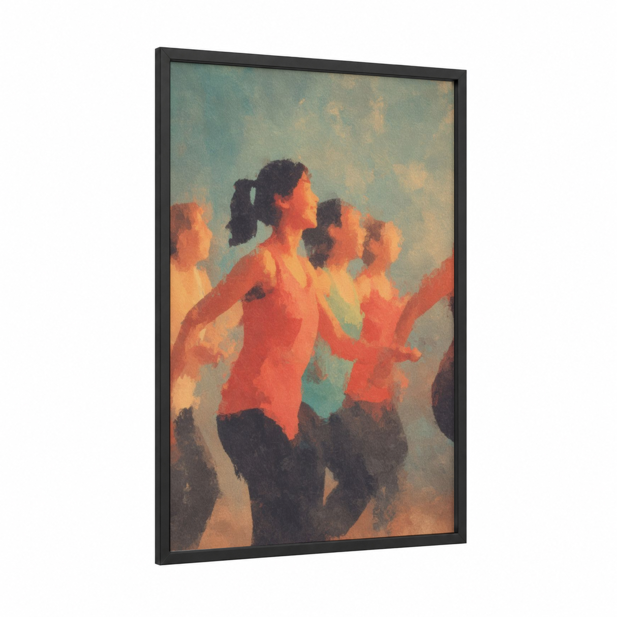 Energetic Zumba framed art print — black wood frame — orange and teal palette