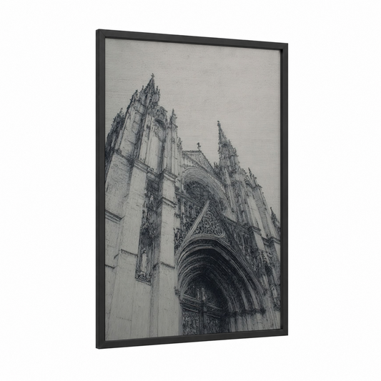 Amiens Cathedral Sketch framed art print — black wood frame — black and white and gray palette