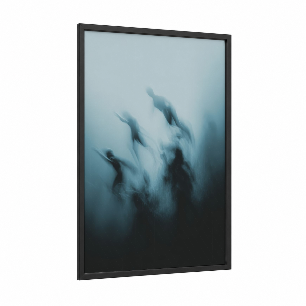 Ethereal Swimmers framed synchronized swimming print — black wood frame — blue and gray and dove gray palette
