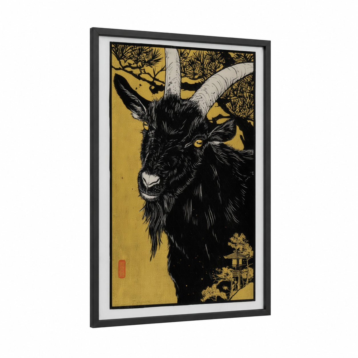 Golden Goat framed art print — black wood frame — gold and black and gold palette