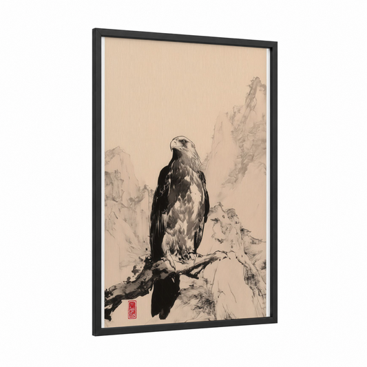 Mountain Eagle framed art print — black wood frame — black and white and beige palette