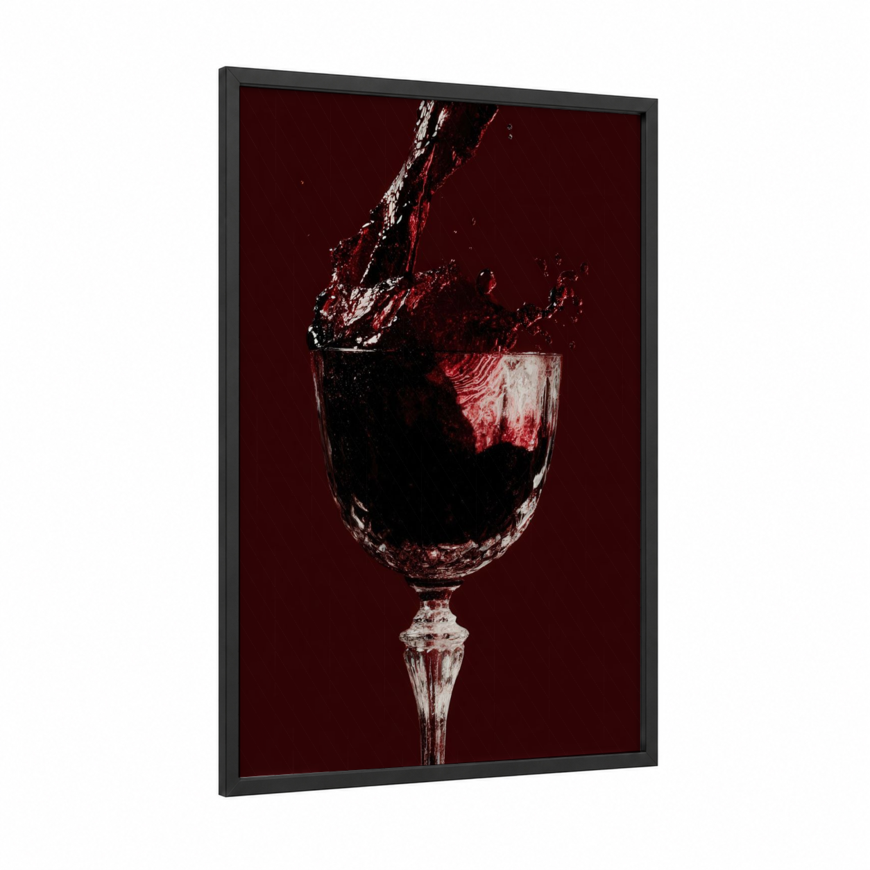 Crimson Wine Splash framed red wine print — black wood frame — maroon and white palette