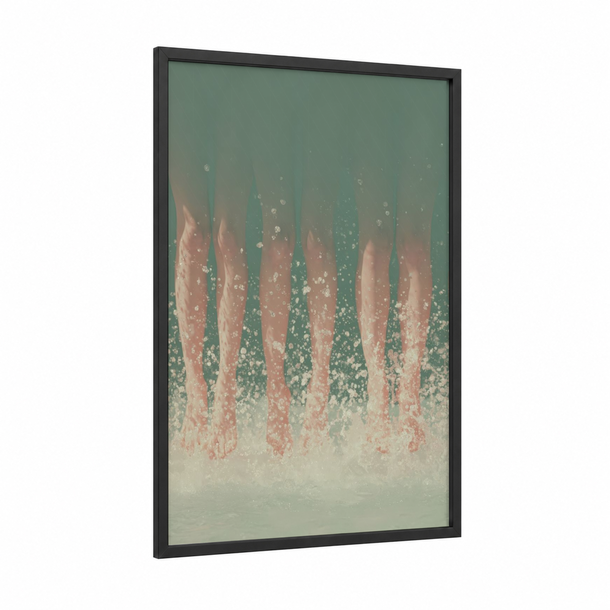 Underwater Swimmers framed swimming print — black wood frame — sage green and peach palette