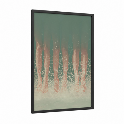Underwater Swimmers framed swimming print — black wood frame — sage green and peach palette