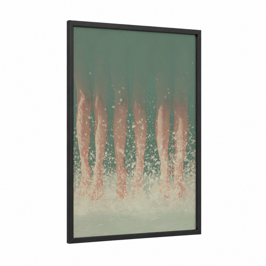 Underwater Swimmers framed swimming print — black wood frame — sage green and peach palette