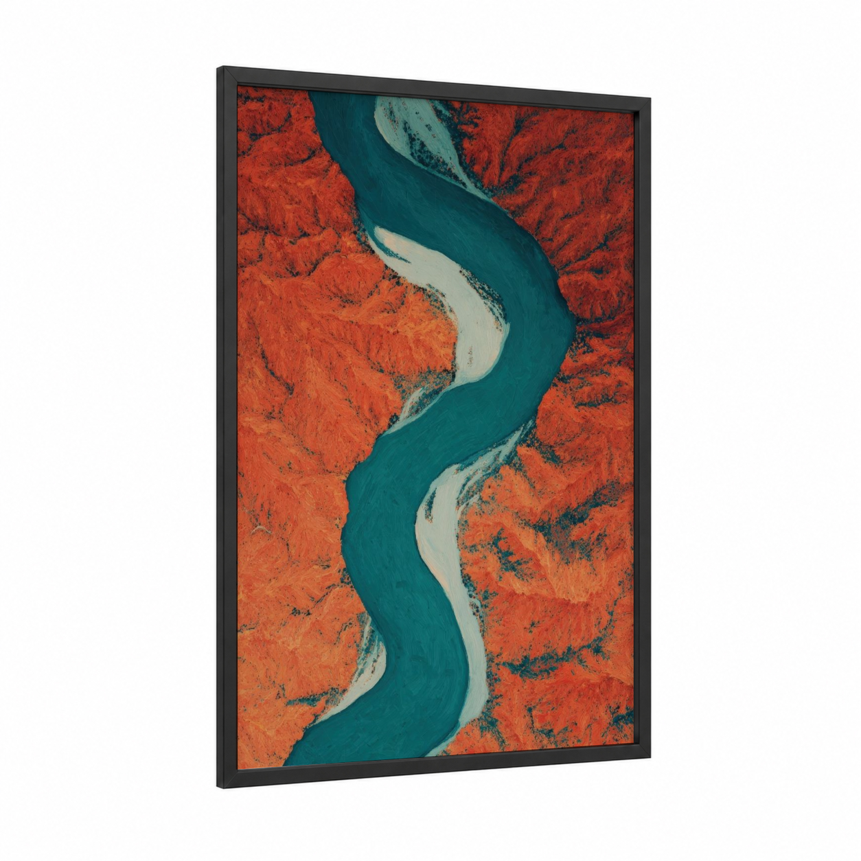 Crimson Canyon River framed art print — black wood frame — red and teal palette