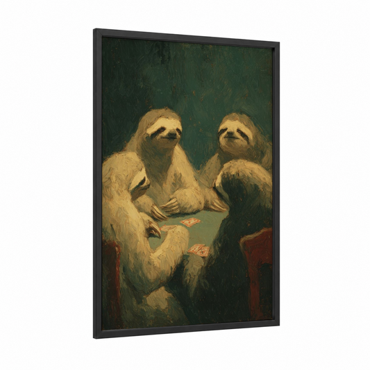 Poker Sloths framed art print — black wood frame — dark green and gold palette