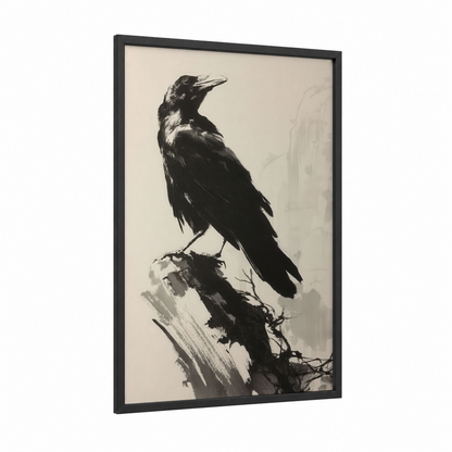 Perched Raven framed crows and ravens print — black wood frame — black and white and cream palette