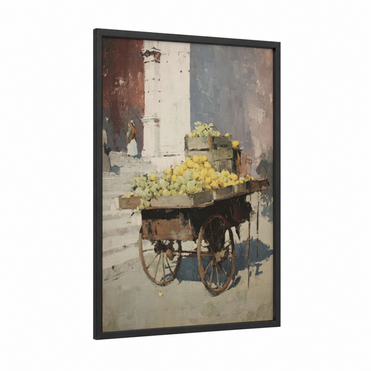 Yellow Flower Cart framed rickshaw print — black wood frame — yellow gold and russet palette
