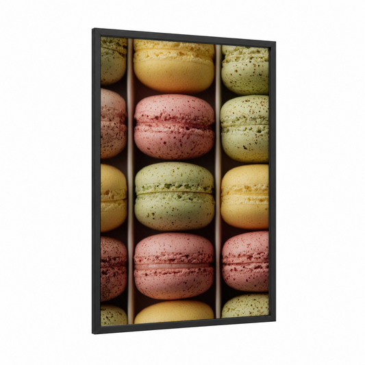 Pastel Macarons framed baking print — black wood frame — pink and light green palette