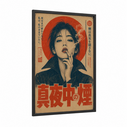 Japanese Retrofuturism Smoking Portrait Wall Art framed art print — black wood frame — red and beige palette