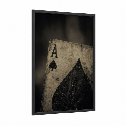 Ace of Spades framed card game print — black wood frame — black and white and nobel palette