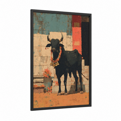 Sacred Bull framed hinduism print — black wood frame — teal and orange palette