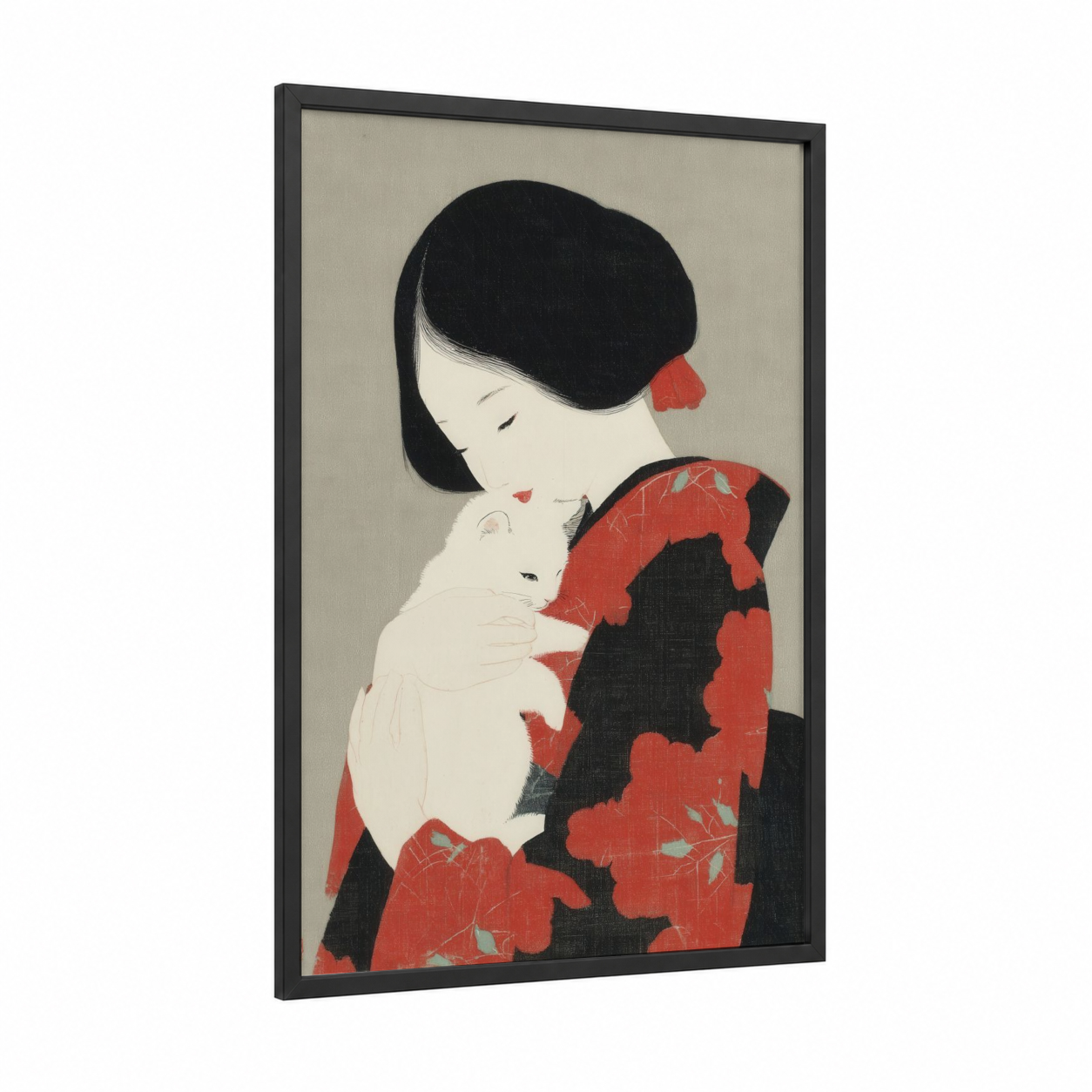 Girl With White Cat framed kids animals print — black wood frame — black and white and red palette