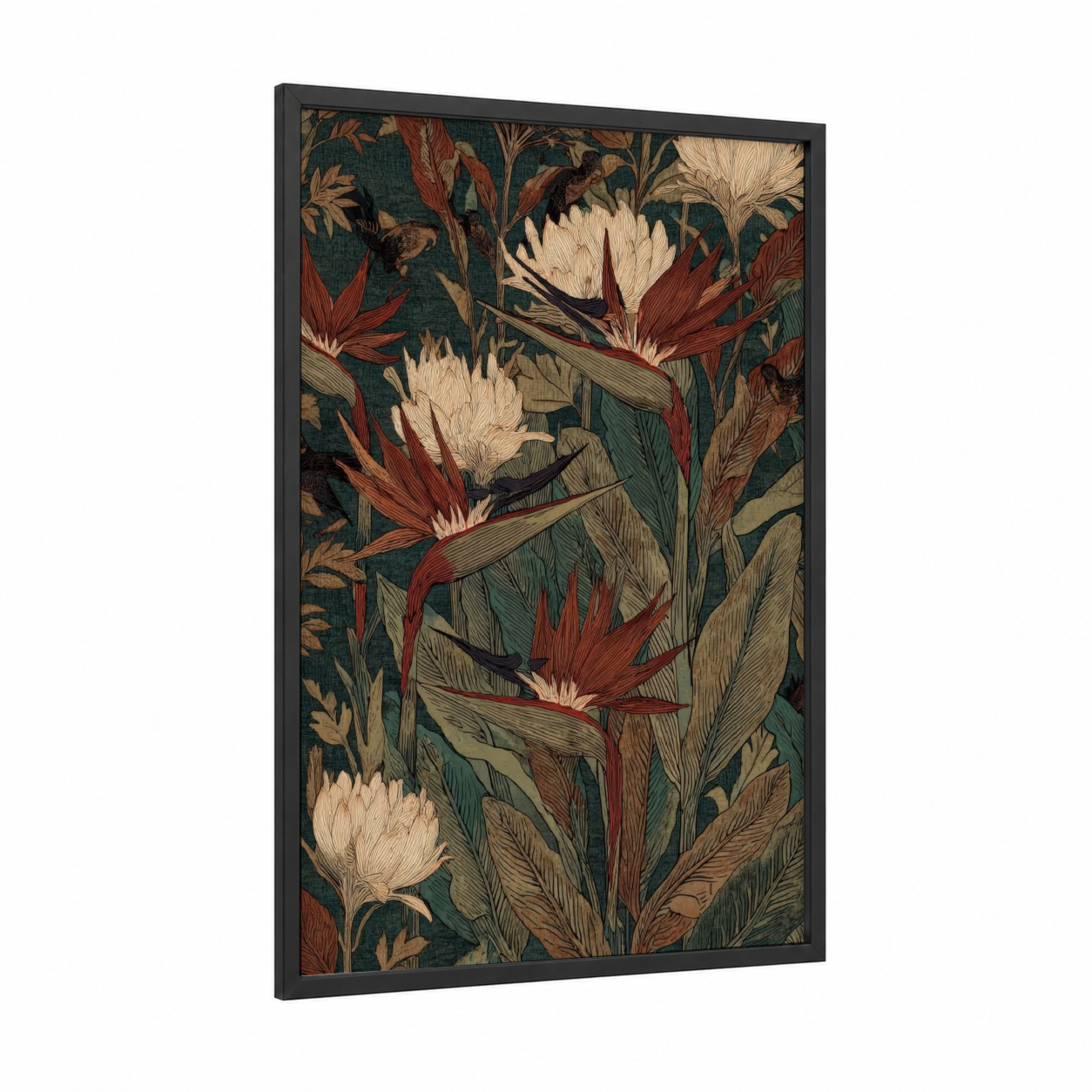 Crimson Paradise Blooms framed birds of paradise print — black wood frame — teal and maroon palette